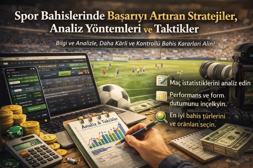 Futbol stadyumu arka planında dizüstü bilgisayarda maç istatistiklerini analiz eden bir oyuncu, not defteri ve bahis verileriyle birlikte “Spor Bahislerinde Başarıyı Artıran Stratejiler, Analiz Yöntemleri ve Taktikler” konulu makaleyi temsil eden gerçekçi yatay görsel